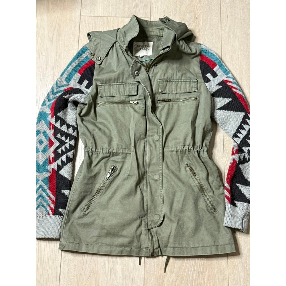 Thread & Supply Olive Utility Jacket Southwest Knit Sleeves Removable Hood Small